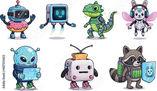 Funny Cyberpunk Cartoon Robots and Futuristic Creatures in Two Rows on White Background Wearing Gadgets, Wires, Visors, and Neon Lights