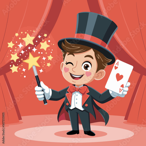 A charismatic young magician performs magic on stage with a wand and playing card, creating a cheerful atmosphere filled with wonder and astonishment in a vibrant setting.