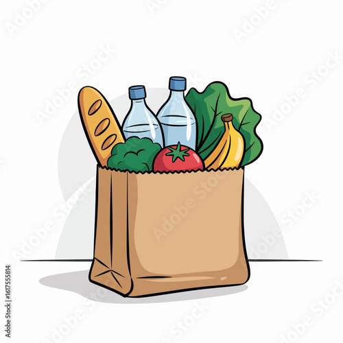 An overflowing brown paper bag filled with fresh groceries like fruits and vegetables, representing a healthy lifestyle and the joy of cooking and shopping.