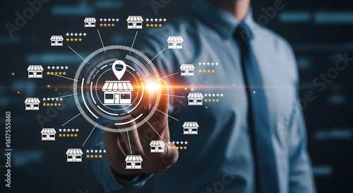 Man activating franchise business network hub. Stars and location pins glow in the background