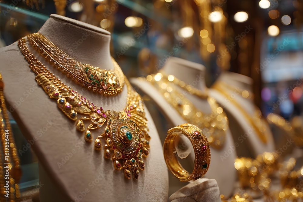 Obraz premium A gold jewelry store with various necklaces and bracelets displayed on mannequins, showcasing different styles of golden accessories in an Indian setting. 
