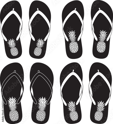 Collection of black flip flop sandals with pineapple design silhouette