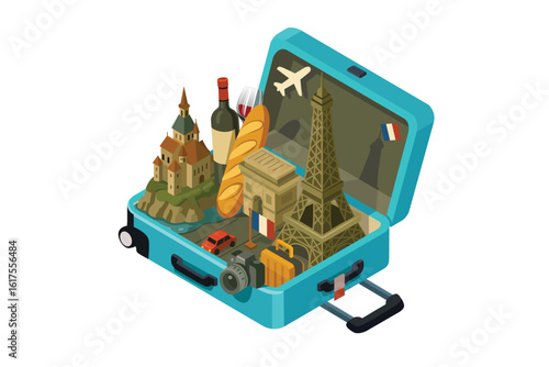 Isometric France Travel in a Suitcase Concept Vector Illustration