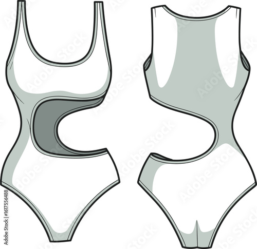 One piece cut out swimsuit flat sketch, front and back view, fashion technical drawing, vector template for women’s swimwear design