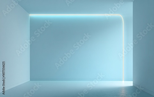 Wallpaper Mural 3D rendering of an empty room with a light blue wall and a neon line in the corner. Minimal abstract background for product presentation. Bright white interior with copy space, a. Torontodigital.ca