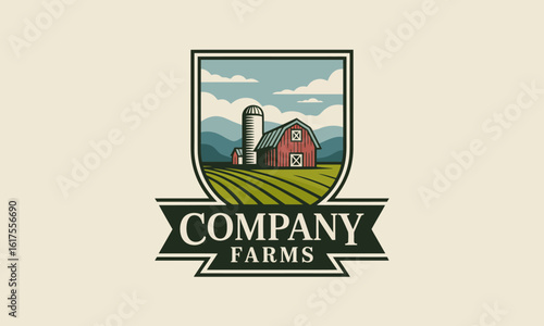 A vintage-style logo design featuring a red barn and silo set against rolling hills, representing the essence of agricultural values and the spirit of community farming.