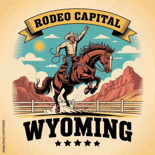 This vibrant image showcases a cowboy riding a bucking horse, representing the spirit of rodeo in Wyoming, highlighting energy and tradition among stunning landscapes.