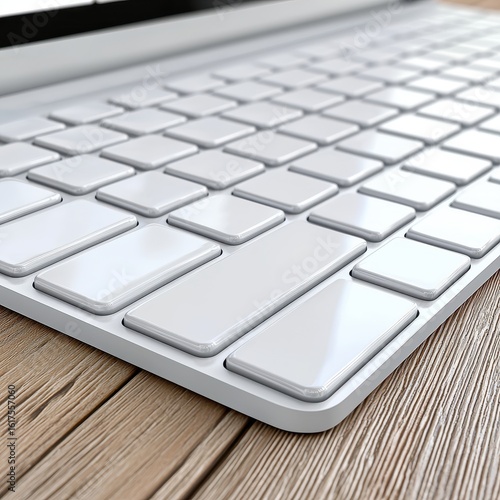 Close up of White Wireless Keyboard on Wooden Desk