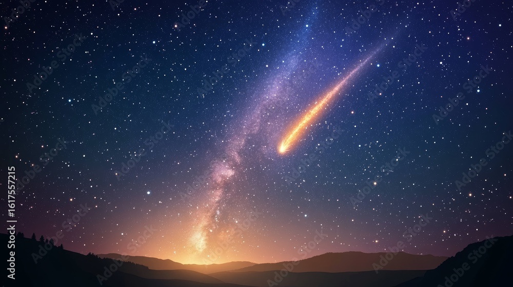 Fototapeta premium 86.A stunning vector illustration of the Milky Way galaxy stretching across a dark, starry night sky. Brilliant stars shine brightly, and a comet with a glowing orange tail falls through the sky. The