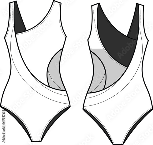 One-piece swimsuit flat sketch, asymmetrical cutout design, front and back view, women's fashion technical drawing, swimwear vector template, illustration