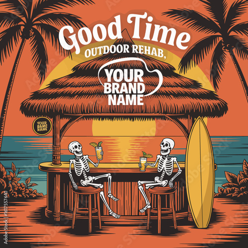Two playful skeletons are seated at a tropical bar, enjoying vibrant cocktails while relaxed under palm trees, representing joy and carefree moments in a picturesque setting.