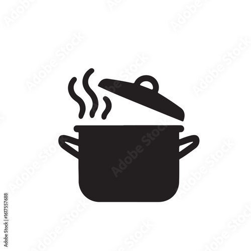 Black silhouette of a steaming cooking pot with lid ajar isolated on white background