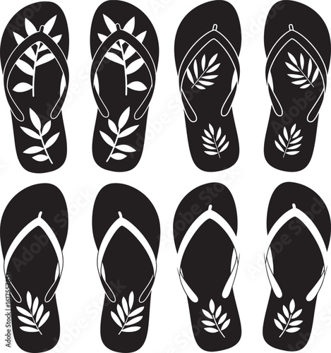 Collection of eight black flip flop silhouettes with leaf patterns silhouette
