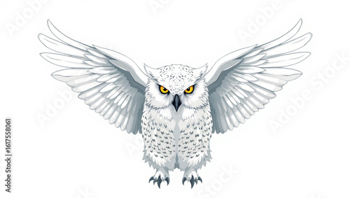 Illustration of a snowy owl with its wings spread wide and yellow eyes on a white background image created with generated ai