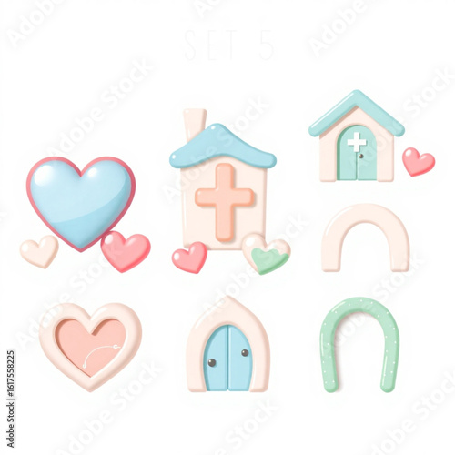 Pastel colored church buildings and hearts with arched shapes on a white background displayed nicely created with generated ai