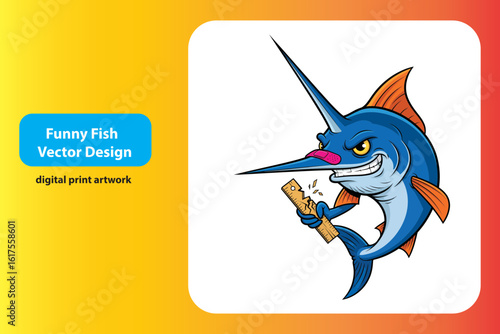 Funny cartoon marlin fish with a broken ruler and a mischievous grin