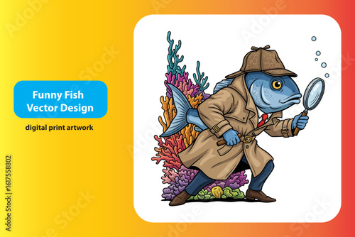 Anthropomorphic fish detective investigating underwater scene