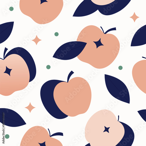 Seamless pattern of stylized peaches and leaves with geometric accents