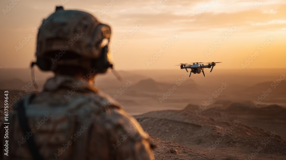 A soldier equipped with advanced tactical gear stands ready as a drone hovers nearby amid a dusty landscape, capturing crucial scouting information during a military operation. A soldier equipped with advanced tactical gear stands ready as a drone hovers nearby amid a dusty landscape, capturing crucial scouting information during a military operation.