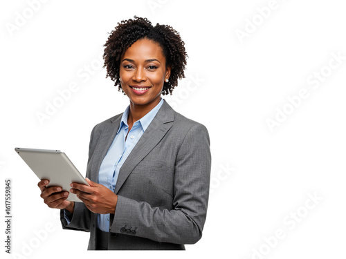 Smiling confident businesswoman of color holding a tablet and looking at the camera isolated on transparent background
