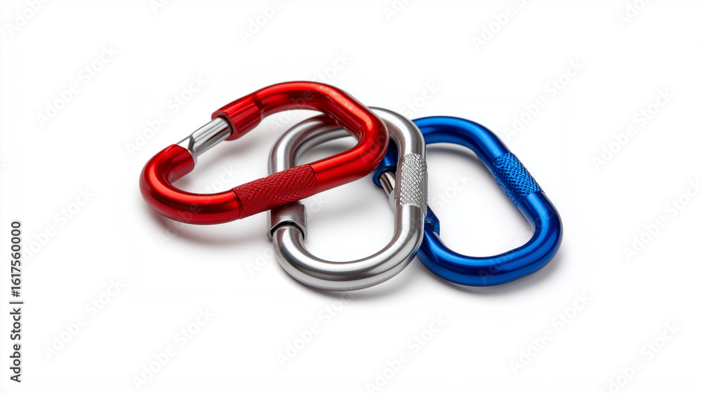 Fototapeta premium Three colorful locking carabiners in red, blue, and silver for climbing