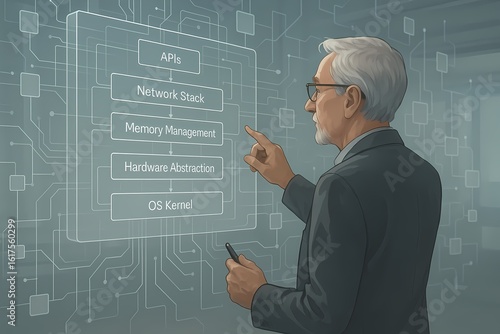 A senior technology expert interacts with a virtual interface displaying OS architecture layers such as APIs, network stack, memory management, hardware abstraction, and kernel.