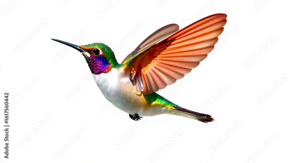 Fototapeta premium A colorful hummingbird with wings spread in flight against a white background displaying vibrant plumage created with generated ai
