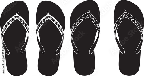 Four black flip flops in a row silhouette