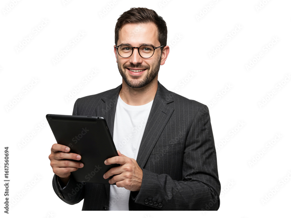 Smiling businessman wearing glasses holding a tablet computer and looking at the camera isolated on transparent background Smiling businessman wearing glasses holding a tablet computer and looking at the camera isolated on transparent background