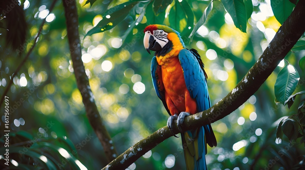 Obraz premium Colorful Macaw Perched on Branch in Lush Rainforest