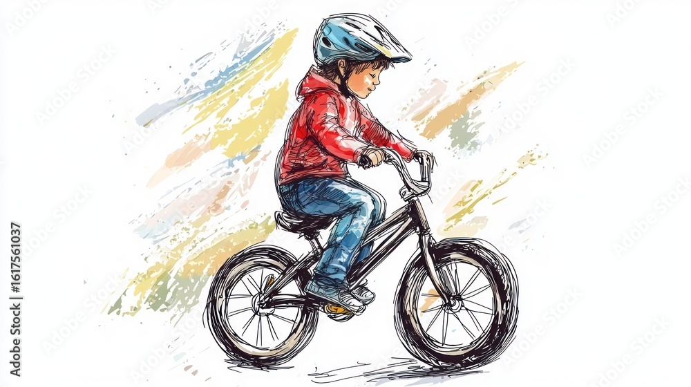 Fototapeta premium Hand-drawn illustration of a child riding a bike on white background