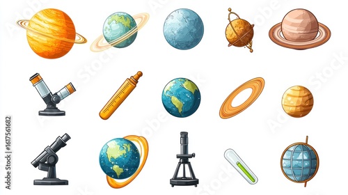 Fototapeta Naklejka Na Ścianę i Meble -  Illustrated science icons for kids including planets and microscopes on white background