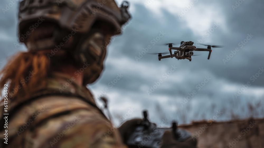 A soldier in tactical gear controls a drone using a remote, focused on the device's movements. Clouds loom above the open field, creating a dramatic atmosphere for the training A soldier in tactical gear controls a drone using a remote, focused on the device's movements. Clouds loom above the open field, creating a dramatic atmosphere for the training