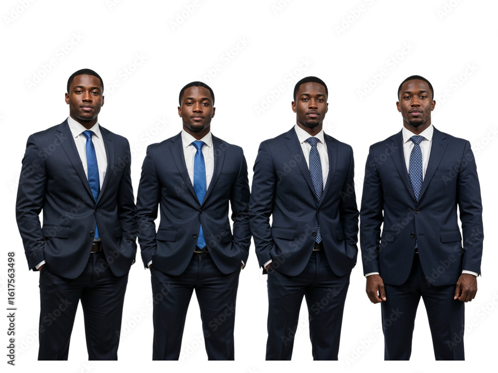 Four young african american men in matching dark suits and ties stand together as a cohesive group isolated on transparent background Four young african american men in matching dark suits and ties stand together as a cohesive group isolated on transparent background