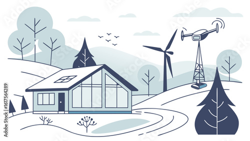Modern sustainable home with wind turbine drone and trees vector illustration for eco friendly living design