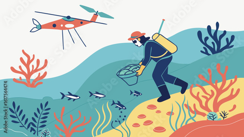 Illustration of scuba diver collecting shells with helicopter flying over ocean coral reef ecosystem