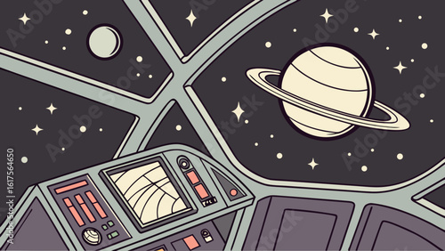 Spaceship cockpit view of saturn and moon in outer space galaxy illustration for science fiction fans
