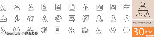 A clean and minimal black line icon set featuring key HR concepts such as recruitment, employee management, training, payroll, and performance review. Ideal for corporate, business, and admin use
