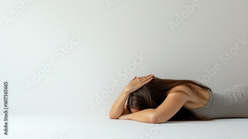 Person lying on white background with one hand on face in neuralgia distress