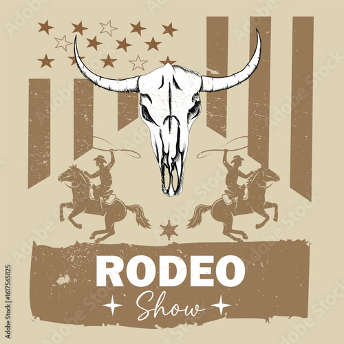 Bold Western Rodeo Show graphic with skull and stars, perfect for rustic cowboy-themed apparel, posters, prints, and design elements.
