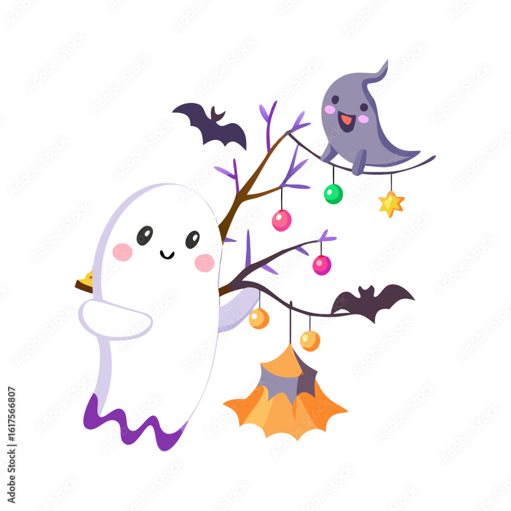 Fototapeta premium Cute ghost with a tree and bats isolated on white background