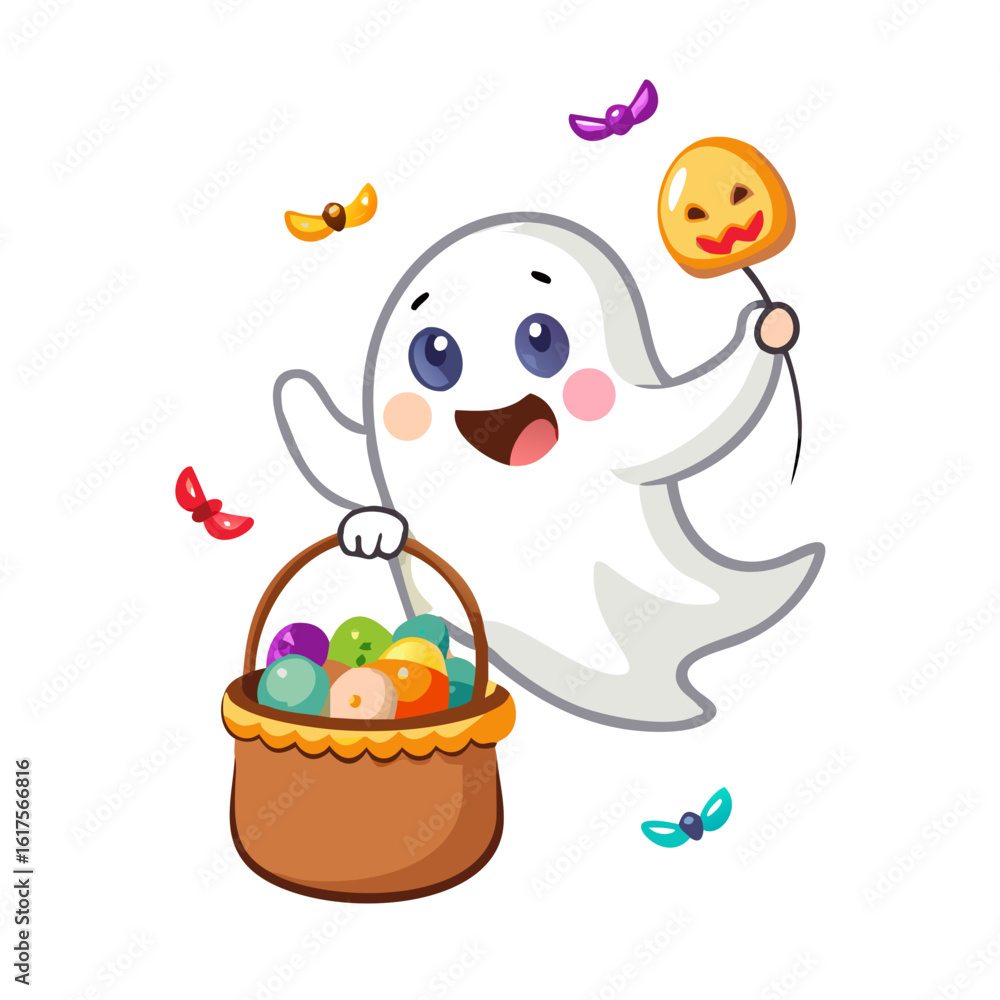 Obraz premium Cute ghost carrying a basket of candy isolated on white background