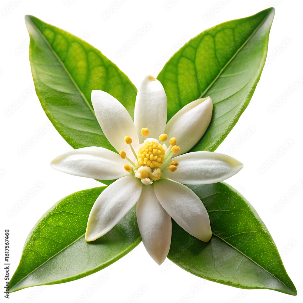 Fototapeta premium Stock photo of orange blossom flower with leaves for spring time images on transparent background.