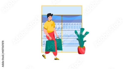 Man Walking With Shopping Bags Near Shelves and Plant in Store