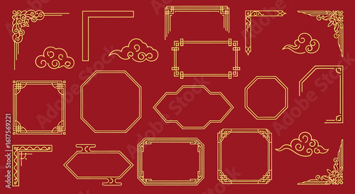 Collection of Elegant Gold Chinese Decorative Frames and Borders