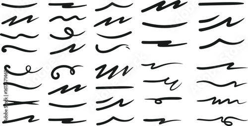 Collection of squiggle brushes, scribbles, underlines, markers, pen strokes, and emphasis elements. Includes highlight accents, swooshes, and hand-drawn strokes. Perfect for graphic design, illustrati