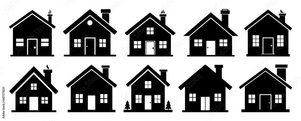 Fototapeta premium House with Chimney Black Silhouette, Flat Vector Style Collection on White Background