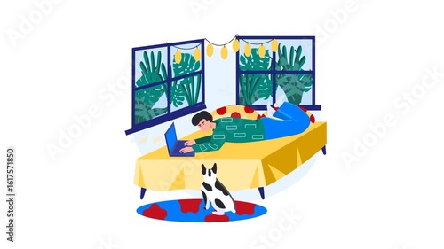 Person Working from Home on a Laptop with Companion Pet in Bedroom