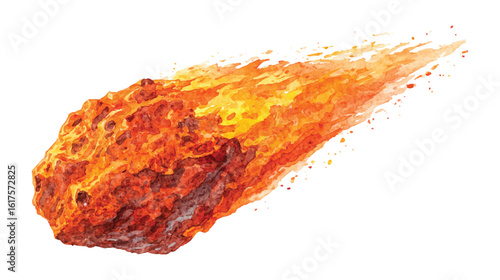 Fiery Meteor Watercolor Vector Art Blazing Comet with Orange Flames on Transparent Backdrop for Space-Themed Designs and Creative Projects