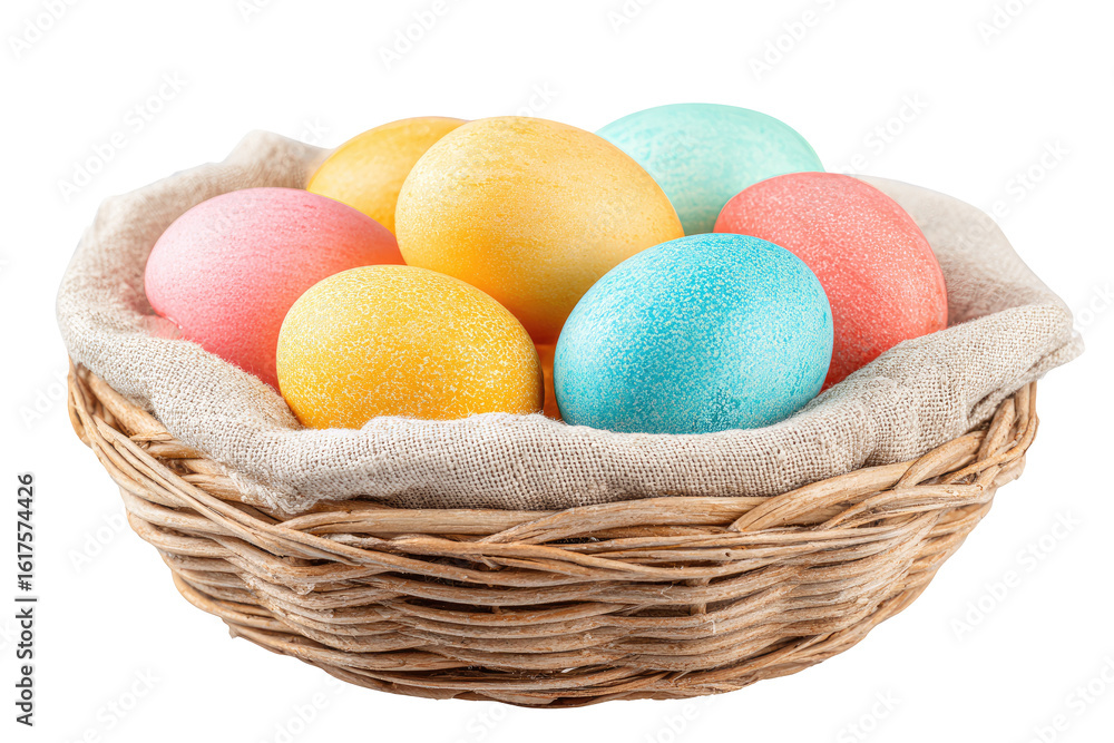 Naklejka premium Colorful eggs nestled in a shallow woven basket